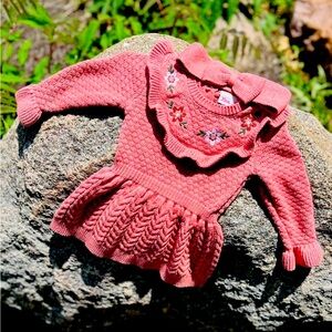 Pink Knitted Kids Dress with Floral Embroidery